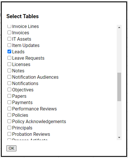 Select tables modal showing several tables and Leads ticked